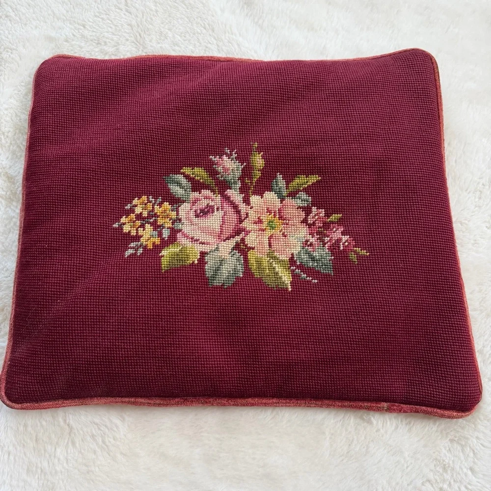 Vintage Needlepoint Floral Pillow 18”x15” Burgundy Wool Front Velvet Back Flat